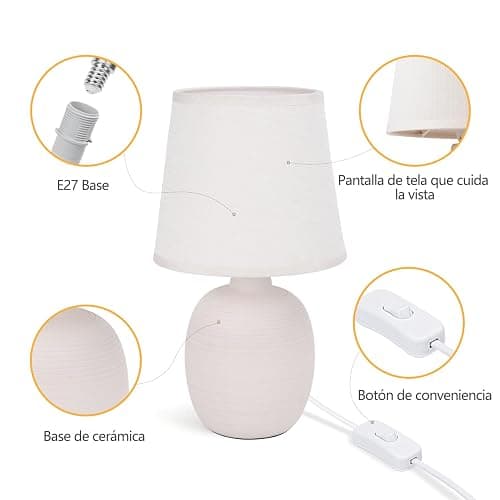 Aigostar Keramik-Tischlampe mit Elegantem Design, Nachttischlampe mit Stoffschirm, E14 Fassung, Kabelschalter, für Schlafzimmer, Wohnzimmer, Geschenk - H31cm (Aprikosenfarbe) thumbnail 5