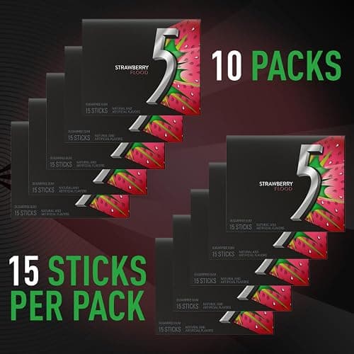 5 GUM Strawberry Flood Sugar Free Chewing Gum Juicy Fruity Tangy Flavor, Five Gum, 15 Sticks (10 Pack) thumbnail 4