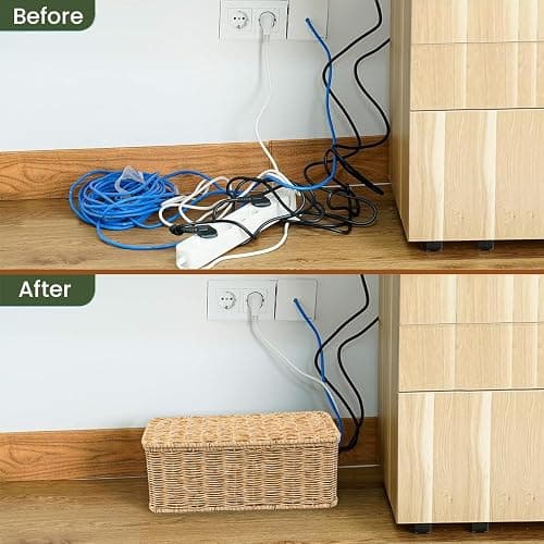 Cable Management Box, Handmade Rattan Cable Organizer, 2 Open Slots Cords Hider Box, Under Desk Cord Organizer for Computer Router USB Hub & Power Strip, Patent Pending, 13" x 5.1" x 5.1", Natural thumbnail 4