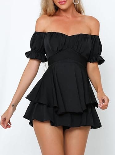 Fixmatti Women Boho Romper Off Shoulder Ruffle Chiffon Shorts Jumpsuit Playsuits thumbnail 5