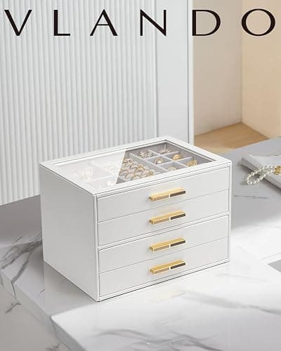 Vlando Jewelry Box for Women, Glass Lid Jewelry Organizer with 4 Drawers for Necklaces Rings Earrings Bracelets Christmas Gift - White thumbnail 7