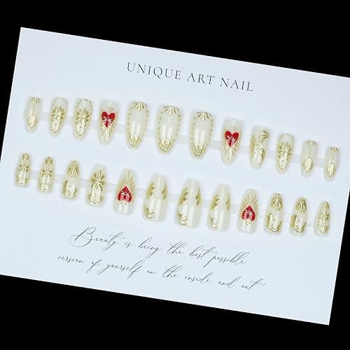 LPOODDNU Almond 3D Gilding Press on Nails - Medium Fake Nails with Gold Flower and Red Heart Designs, Glossy Finished Reusable False Nails with Adhesive Glue Tabs - 24Pcs Nail Kit for Women Manicure thumbnail 5