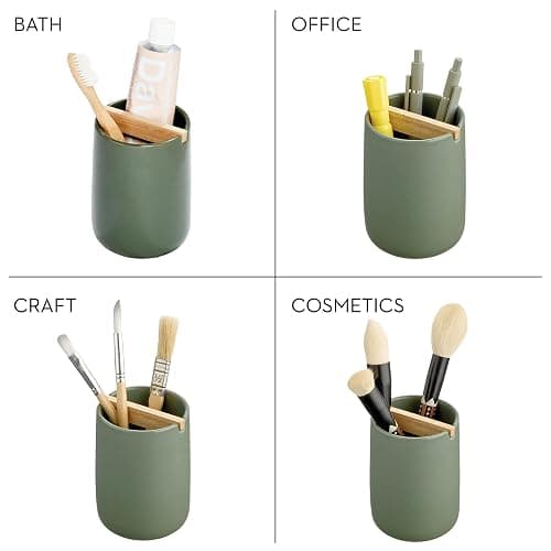 iDesign Ceramic Earth Collection Toothbrush Holder with Paulownia Wood Divider, Moss/Natural Wood thumbnail 4