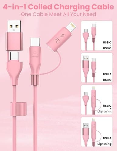 Pink Coiled Car Charging Cable 2-in-1 (USB-C & Lightning), 3FT Cute Car Accessories for iPhone 17/16/15, Samsung Galaxy — Supports Apple CarPlay & Android Auto thumbnail 2