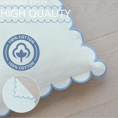 BEBE BASK Scalloped Pillow Cover - Set of 2-18 x 18 Inch - Scallop Pillow Cover – White and Blue Scalloped Pillows - Scallop Pillows - 100% Cotton - Grandmillennial Style (White/Blue) - White/Blue thumbnail 4