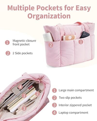 Narwey Puffer Tote Bag for Women Work with Laptop Compartment, Puffy Quilted Work Tote Bags for Travel Carry on Teacher Nurse thumbnail 4