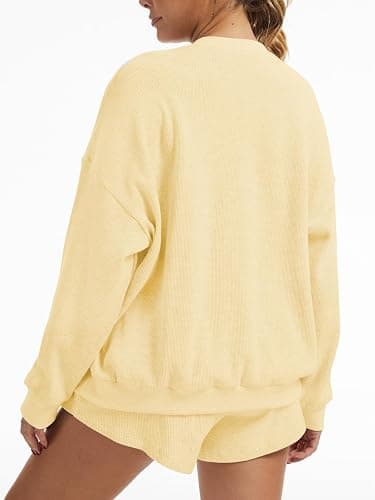 KCVVA Women Waffle Knit Lounge Set 2 Piece Oversized Long Sleeve Sweatshirt and High Waisted Shorts Outfit thumbnail 3