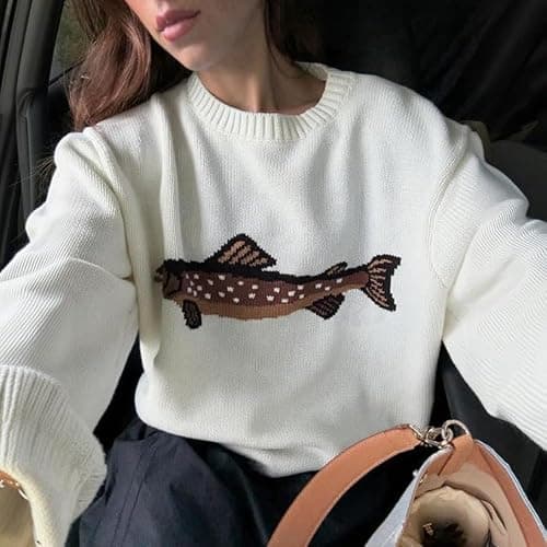 HOHOPEACH Y2k Fish Graphic Crochet Chunky Sweater Women Vintage Cottagecore Oversized Streetwear thumbnail 2