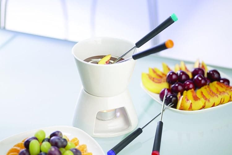 KitchenCraft Chocolate Fondue Set in Gift Box, with Four Stainless Steel Forks and Tealight Candle, Ceramic Bowl and Stand, Ideal for Parties and Dipping Sweets, Fruit or Biscuits, White thumbnail 2