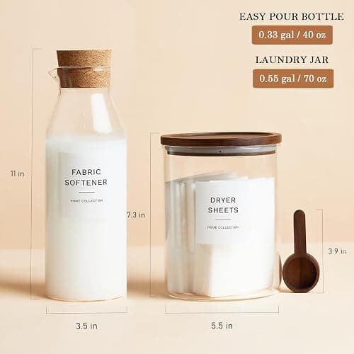 Glass Laundry Storage Containers Set, 4 Pack Liquid Detergent Dispenser with Cork Lid & Laundry Room Organization Jar with Acacia Lid, Fabric Softener Dispenser Bottles and Powder Detergent Organizer thumbnail 3