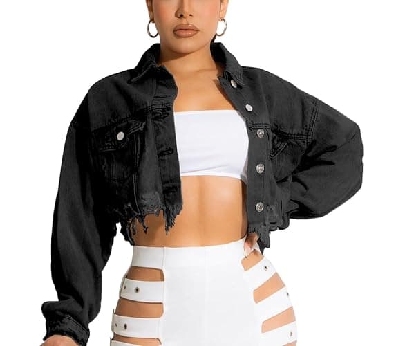 HTD Women's Cropped Jean Jacket Button Up Long Sleeve Ripped Distressed Denim Jacket Frayed Hem - Image 1
