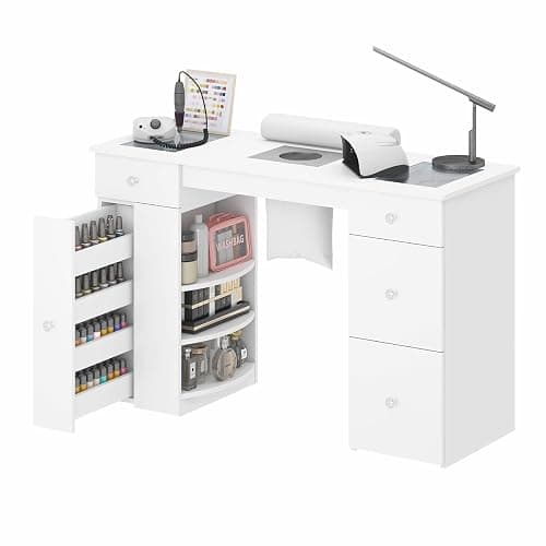Manicure Table for Nail Tech with Glass Top, Visible Drawers & Trash Bag Holder, Acetone-Resistant Manicure Nail Desk, Beauty Salon Workstation with Wrist Rest & Electric Dust Collector (White) thumbnail 9
