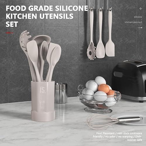 Silicone Cooking Utensils Set - 446°F Heat Resistant Kitchen Utensils,Turner Tongs,Spatula,Spoon,Brush,Whisk,Kitchen Utensil Gadgets Tools Set for Nonstick Cookware,Dishwasher Safe (BPA Free) thumbnail 3