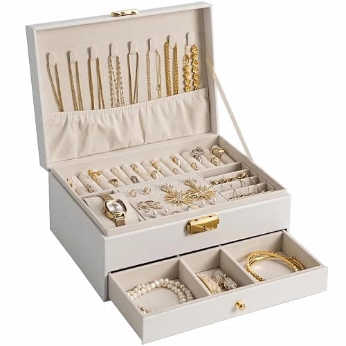 GUOER Jewelry Box for Women Girl Wife - Large PU Leather Jewelry Organizer Storage Case with Two Layers Display for Earrings Bracelets Rings Watches (White) - Image 1