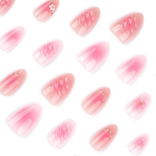 QQPPOLIU Pink Press on Nails Short Almond False Nails With Flower and 3d Coats Design for Girls Spring Nail 24pcs thumbnail 2
