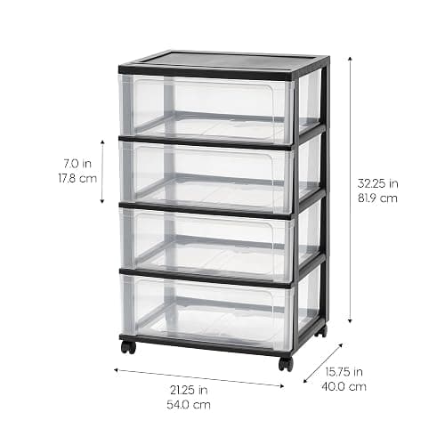 IRIS USA Plastic Drawer Storage Organizer Rolling Cart, with Wheels Casters, 4-Drawers, for Art Craft Supplies Bathroom Dorm Bedroom Laundry Room, Wide, Black thumbnail 3