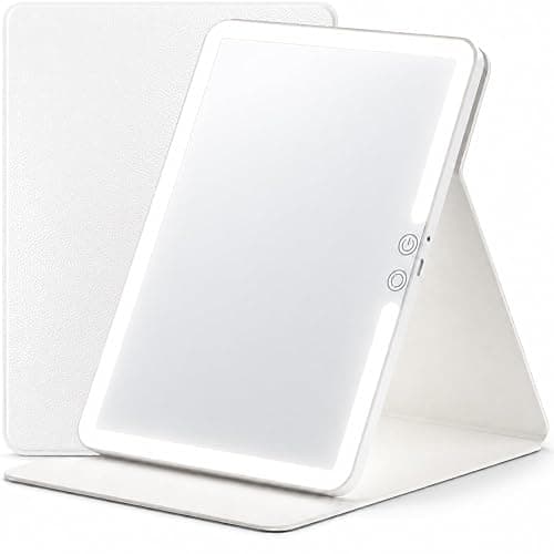 HUGOAI Travel Makeup Mirror with Lights, Soft-Grain White, 11.9" | CRI 97+ natural sunlight-like lighting, 100 LEDs, 2000mAh battery, 3 color temperatures, Stepless dimming, Auto on/off cover - Image 1