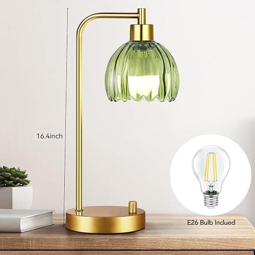 ILLMTW Green Table Lamp Set of 2,Small Glass Bedside Lamps Dimmable Boho Bedroom Lamp with Tulip Flower Lamp Shade,Gold Vintage Mid Century Modern Mini Nightstand Lamp for Bedroom Living Room thumbnail 4