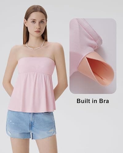 SUUKSESS Women Peplum Tube Tops with Built in Bra Summer Cute Sleeveless Strapless Babydoll Tank Top thumbnail 4