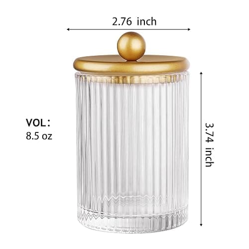 SheeChung 2 Pack Gold Ribbed Glass Qtip Holder with Metal Lids | Apothecary Jars Bathroom Organizer Countertop Vanity Canister Set for Cotton Swabs, Rounds, Floss Picks-Modern Luxury Decor thumbnail 3