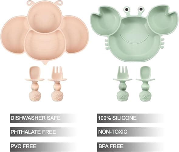 PandaEar 2 Pack Silicone Suction Plates for Toddlers Baby with 4 Spoons Self Feeding, Divided Unbreakable Toddler Plates with Suction, Baby Plates and Utensils Set, Baby Dishes, Green Crab & Pink Bee thumbnail 3