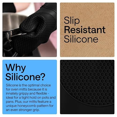 GORILLA GRIP Silicone Oven Mitts, 550F Heat Resistant, 12.5x8.3, Black | BPA-Free Cooking Waterproof Safety Gloves, Thick Cotton Lining, Flexible Gripping for Baking, Grilling, Kitchen Potholder Set thumbnail 3