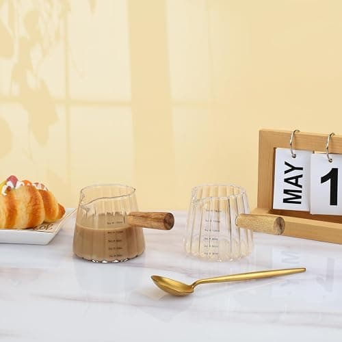 Denovin 2Pcs Glass Measuring Cup, 6oz Creamer Pitcher with Wood Handle, Creative Milk Frothing Pitcher Creamer Shot Glass (2-Transparent) thumbnail 4