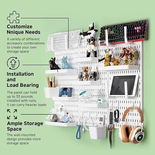 Tuzau Pegboard Wall Organizer, Wall Mounted Storage Set with 2 Pegboards & 13 Accessories, 23.6" x 11.81" White Peg Board Organizer thumbnail 2