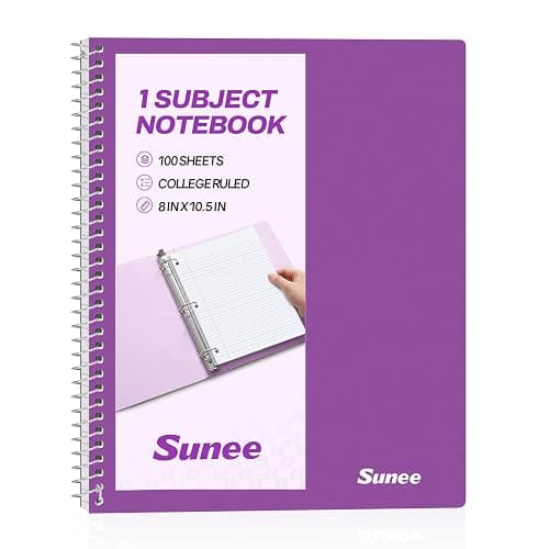 SUNEE Spiral Notebook, 1-Subject, College Ruled Paper, 8" x 10-1/2", 100 Sheets per Notebook, 3-Hole Punched Paper, Water Resistant Cover, Double-sided Pockets, Dark Purple - Image 1