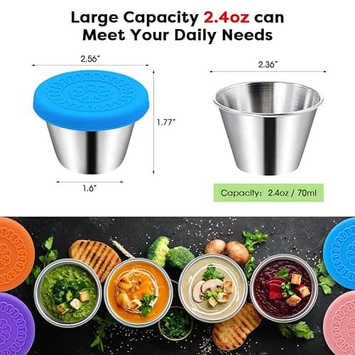 Winceed 6Pack 2.4oz Salad Dressing Container To Go, Small Stainless Steel Condiment Containers with Silicone Lids, Leakproof Reusable Dipping Sauce Cups for Lunch Box thumbnail 2