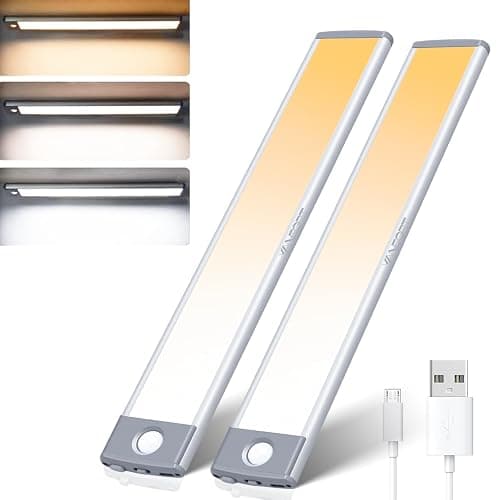 YANEGRT Under Cabinet Lights, Dimmable 60 LED Motion Sensor Light Indoor 2 Pack- Wireless USB Rechargeable, 3 Color Magnetic Closet Light for Kitchen, Wardrobe Storage - Image 1