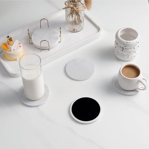YONGHEE Carrara White Marble Coasters Set of 6 with Holder, Elegant Modern Round White Marble Drink Coasters for Coffee Table Decor, Semi Absorbent Stone Coaster for Drinks, Velvet Backed thumbnail 4
