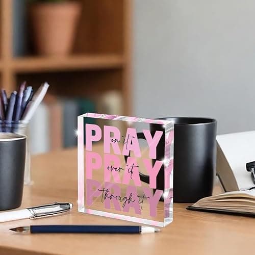 Pink Inspirational Decor Pray Over It Bible Verse Wall Art Christian Gifts for Women, 4x 4 Inches Office Desk Accessories Decor Sign, Pink Dorm Room Decoration for Women - Pray on it Pray through it thumbnail 6