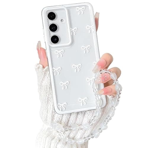NITITOP Compatible with Samsung Galaxy A16 Case Clear Ribbon Bow Knot Pattern for Girls Women Bowknot Durable with Chain Wrist Strap Soft TPU Shockproof Protective Phone Cover - White - Image 1