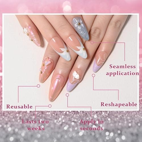 XZMeiLun Handmade 3D Flower Butterfly Blue Pink Press On Nails Almond Medium, Floral Pearl French Tip Designer Reusable Acrylic Fake Nails With Cute Charms Glue On Nails, Daily Wear Nails For Women thumbnail 3