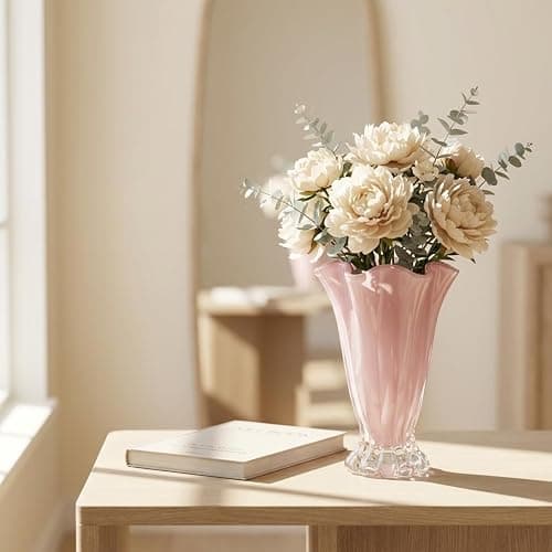 Ruffled Vase Display with Wavy Rim, Hand Blown Glass Vase for Flowers, Blown Glass Decor Centerpiece with Ribbed Panels for Tabletop Shelf Mantel Home Decor (Pink) thumbnail 2