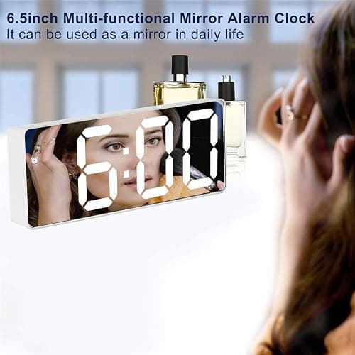 RMFC LED Digital Mirror Alarm Clock with Temperature & Date Calendar for Bedside, Bedroom, Office, Snooze, Adjustable Brightness, Voice Control Night Mode (White) thumbnail 6