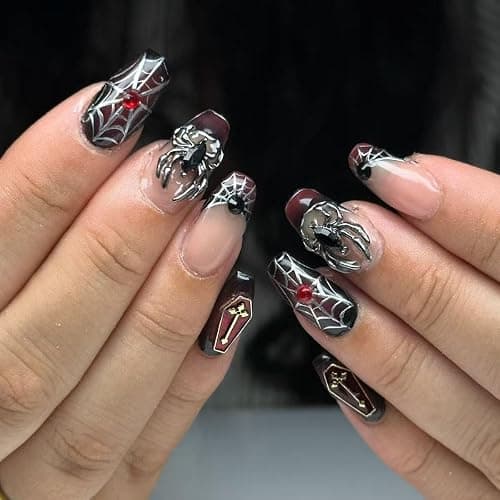 MouyouGlow Press on Nails Kurz,Ballerina Halloween Rot Gradient Schwarz French Spinnennetz 3D Silber Spinnen Crytsal Horror Gothic Fake Nails mit Nagelkleber,Ret Ombre Black Künstliche Fingernägel - Image 1