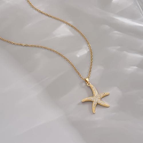 NONAMOIS 18K Gold Plated CZ Starfish Moon Lucky Horseshoe Pendant Necklace for Women Created Round White Opal Choker Necklace Dainty Stainless Steel Jewelry Gifts thumbnail 6