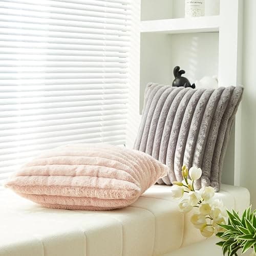 Sunday Praise Faux Fur Plush Decorative Throw Pillow Covers 16x16 Pink | Set of 2, Soft Plush Striped, Modern Home Décor, Farmhouse Boho Accent Cushion Covers for Couch Sofa Bed Living Room thumbnail 2