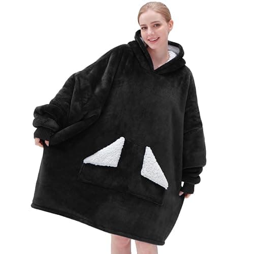 Touchat Wearable Blanket Hoodie, Oversized Sherpa Blanket Sweatshirt with Hood Pocket and Sleeves, Gifts Hooded Blanket for Adult Women Men (Black) thumbnail 7