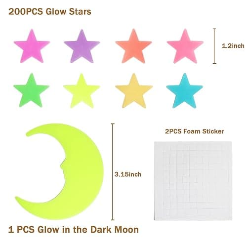 Glow in The Dark Stars Stickers for Ceiling, Adhesive 200pcs 3D Glowing Stars and Moon for Kids Bedroom,Luminous Stickers Create a Realistic Starry Sky,Room Decor,Wall Stickers thumbnail 2