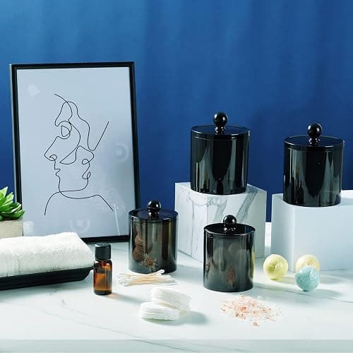 6 Pack Qtip Dispenser Apothecary Jars Bathroom with Labels - Qtip Holder Storage Canister Clear Plastic Acrylic Jar for Cotton Ball,Cotton Swab,Cotton Rounds,Floss Picks, Hair Clips (Black) thumbnail 4