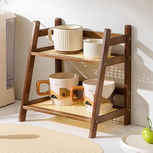 2 Tier Bamboo Coffee and Tea Station Organizer, Countertop Mug Holder, Cup Display and Condiment Rack, Kitchen Shelf for Cups, Matcha, and Accessories (Dark Brown) thumbnail 3