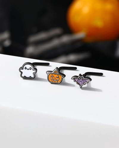 Agrewd 3PCS Halloween Nose Studs 20G Black Nose Rings for Women Men L Shaped Nostril Piercing Jewelry Stainless Steel thumbnail 6