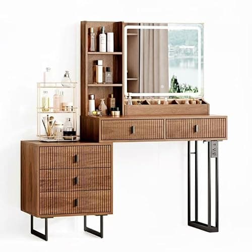 Large Vanity Desk with 3 Color Touch Screen Dimming Mirror, Vanity Desk with Charging Station, Modern Retractable Makeup Dressing Table, Makeup Table With storage shelves and 5 Sliding Drawers, Walnut thumbnail 7