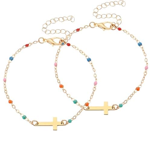 KERDEETE Gold Cross Bracelet for Women, 2 PCS Prayer Bracelet, Religious & Christian Bracelets for Women,Colorful Beaded Cross Bracelet as Gift for Friends/Mom/Sister/Daughter - Image 1