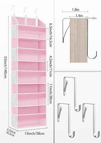 TAHAVICE Pink Over the Door Organizer - 5-Tier Hanging Storage with Clear PVC Windows & 10 Mesh Pockets, Cute Closet Organizer for Makeup, Perfume, Toys, Perfect Pink Room Decor for Girl thumbnail 2