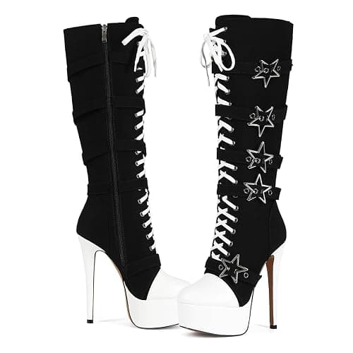 Feinlina Wome's Canvas Lace Up Knee High Platform Stiletto Heel Boots | fashion round toe,stripper platform heels,club party booties,balck thigh high boots thumbnail 4