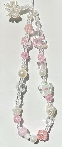 Beaded Camera Wrist Strap Cute Pearl Digital Camera Charm Lanyard, Phone Wristlet Charms, Beaded Camera Chain for Phone, Bag, Keychain Accessories (Bow&Flower) thumbnail 2